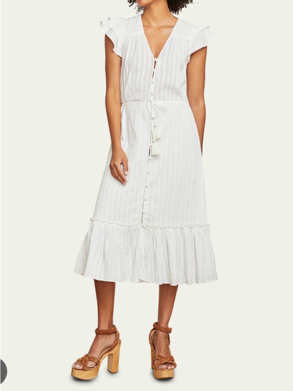 Veronica Beard Tinzia White Tassel-Front Ruffle Midi Cotton Sun Beach Dress M